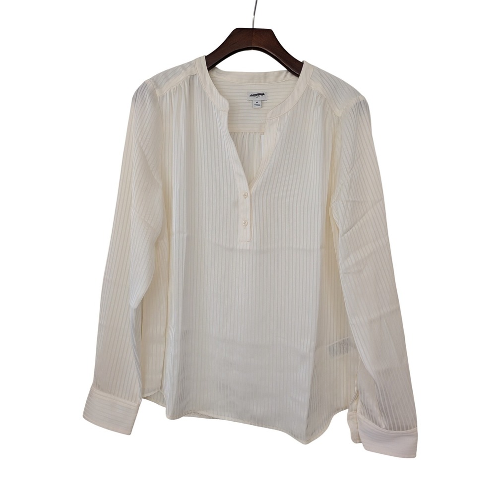 J. Crew Shadow Striped Long Sleeve Popover Placket Blouse Size M Ivory NWT CE534